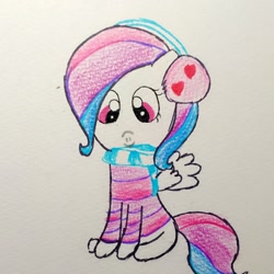 Size: 1280x1278 | Tagged: safe, artist:sumi-mlp25, oc, oc only, oc:strawberry breeze, species:pegasus, species:pony, :), clothing, earmuffs, female, looking at you, scarf, solo, striped sweater, sweater, traditional art