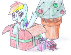Size: 1280x990 | Tagged: safe, artist:m.w., character:rainbow dash, species:pegasus, species:pony, christmas, christmas tree, cute, female, hearth's warming, holiday, mare, present, simple background, smiling, solo, traditional art, tree, waving, white background