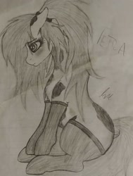 Size: 1823x2411 | Tagged: safe, artist:teardrop, oc, oc only, oc:tetra, species:earth pony, species:pony, clothing, curious, cute, female, floppy ears, hair tie, leggings, long mane, long tail, mare, monochrome, paint (horse breed), ponytail, shy, socks, solo, spots, timid, traditional art, yandere