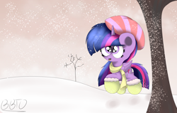 Size: 4108x2611 | Tagged: safe, artist:bronybehindthedoor, character:twilight sparkle, character:twilight sparkle (alicorn), species:alicorn, species:pony, boots, clothing, female, scarf, shoes, snow, snowfall, solo, winter