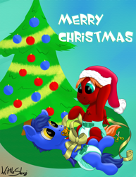 Size: 2000x2589 | Tagged: safe, artist:wittleskaj, oc, oc only, oc:score chaser, oc:skaj, species:pegasus, species:pony, baby, baby pony, brothers, christmas, christmas card, christmas tree, clothing, colt, diaper, foal, gift wrap, hat, holiday, male, pacifier, ribbon, santa hat, tree
