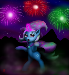 Size: 3000x3253 | Tagged: safe, artist:celsian, character:trixie, species:pony, species:unicorn, bipedal, cape, clothing, cute, diatrixes, female, fireworks, happy new year, happy new year 2018, hat, high res, holiday, magic, magic aura, mare, night, open mouth, smiling, solo, standing, stars, trixie's cape, trixie's hat