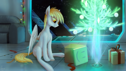 Size: 1280x720 | Tagged: safe, artist:quvr, character:derpy hooves, christmas, christmas lights, christmas tree, fairy lights, female, holiday, hologram, present, solar panel, solo, space, spaceship, tree, window