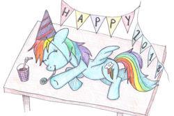 Size: 1200x800 | Tagged: safe, artist:m.w., character:rainbow dash, clothing, female, happy new year 2018, hat, new year, party hat, party horn, sleeping, solo