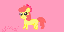Size: 1018x523 | Tagged: safe, artist:sumi-mlp25, character:apple bloom, species:earth pony, species:pony, bow, female, filly, ms paint, pink background, red eyes, signature, simple background, solo