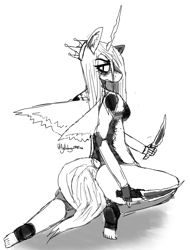Size: 1024x1347 | Tagged: safe, artist:itzdatag0ndray, character:queen chrysalis, species:anthro, species:changeling, species:plantigrade anthro, dagger, ear fluff, female, knife, looking at you, looking back, monochrome, sketch, solo, weapon