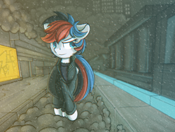 Size: 1494x1121 | Tagged: safe, artist:anonbelle, oc, oc only, oc:retro city, species:pegasus, species:pony, blade runner 2049, chromatic aberration, holiday