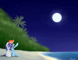 Size: 3850x2975 | Tagged: safe, artist:zaponator, character:rainbow dash, character:rarity, species:pegasus, species:pony, species:unicorn, ship:raridash, alternate hairstyle, beach, fanfic, fanfic art, female, full moon, hug, island, lesbian, mare, moon, open mouth, shipping, signature, sitting, smiling, winghug