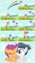 Size: 1920x3484 | Tagged: safe, alternate version, artist:adcoon, edit, character:rumble, character:scootaloo, species:pegasus, species:pony, ship:rumbloo, blushing, female, filly, flying, helping, kissing, male, rainbow, scootaloo can't fly, shipping, straight