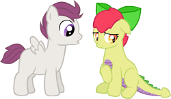 Size: 2230x1295 | Tagged: safe, artist:ludiculouspegasus, oc, oc only, oc:apple spice, oc:lightning, parent:apple bloom, parent:rumble, parent:scootaloo, parent:spike, parents:rumbloo, parents:spikebloom, species:dracony, species:pony, blank flank, bow, colt, duo, hybrid, interspecies offspring, male, offspring, shy, simple background, transparent background