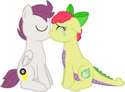 Size: 2773x2044 | Tagged: safe, artist:ludiculouspegasus, oc, oc only, oc:apple spice, oc:lightning, parent:apple bloom, parent:rumble, parent:scootaloo, parent:spike, parents:rumbloo, parents:spikebloom, species:dracony, species:pony, colt, crying, cutie mark, duo, fire, heart, hybrid, implied death, interspecies offspring, kissing, male, next generation, oc x oc, offspring, offspring shipping, shipping, simple background, transparent background