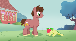 Size: 1024x563 | Tagged: safe, artist:ludiculouspegasus, oc, oc only, oc:apple spice, oc:orchid, parent:apple bloom, parent:spike, parents:spikebloom, species:dracony, species:pony, blank flank, crying, cutie mark, duo, grass field, hybrid, interspecies offspring, male, offspring, ponyville schoolhouse, shy, stallion