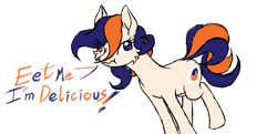 Size: 1024x497 | Tagged: safe, alternate version, artist:ravvij, oc, oc:tide pod, species:earth pony, species:pony, blue, candy, cheek fluff, cross-eyed, curls, cute, cutie mark, delicious, derp, detergent, dialogue, do not eat, earth, english, engrish, female, filly, food, forbidden fruit, funny, gel, heterochromia, mare, meme, object pony, orange, original species, pod, ponified, powder (substance), simple background, soap, solo, speech, tide, tide pods, tide pony, transparent background, wall eyed, white