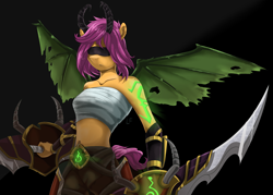 Size: 2100x1500 | Tagged: safe, artist:redheadfly, character:scootaloo, species:anthro, species:pegasus, species:pony, bandage, blindfold, clothing, demon hunter, female, horns, mare, older, older scootaloo, solo, warcraft, weapon, world of warcraft