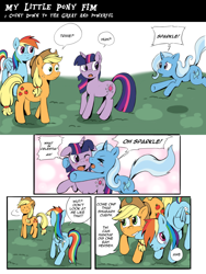 Size: 1000x1333 | Tagged: safe, artist:crystal-secret, character:applejack, character:rainbow dash, character:trixie, character:twilight sparkle, ship:twixie, blushing, comic, ear bite, female, hug, lesbian, shipping, the great and powerful countdown