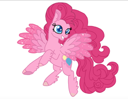 Size: 1510x1170 | Tagged: safe, artist:smurfettyblue, derpibooru original, character:pinkie pie, species:pony, g5 leak, leak, feathered fetlocks, female, flying, pegasus pinkie pie, pinkie pie (g5), simple background, smiling, solo, spread wings, trace, white background, wings