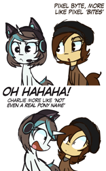 Size: 1280x2048 | Tagged: safe, artist:lilboulder, oc, oc only, oc:charlie, oc:pixel byte, species:earth pony, species:pony, species:unicorn, 2 panel comic, cat ears, clothing, comic, dialogue, duo, female, frown, hat, headset, insult, laughing, mare, open mouth, simple background, white background