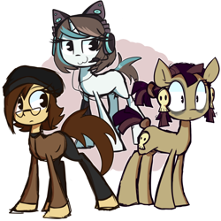 Size: 1280x1280 | Tagged: safe, artist:lilboulder, oc, oc only, oc:charlie, oc:pixel byte, oc:thana hex, species:earth pony, species:pony, species:unicorn, :3, bags under eyes, cat ears, clothing, female, glasses, hat, headset, mare, monochrome, ponytail, skull, trio