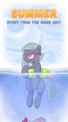 Size: 756x1344 | Tagged: safe, artist:adequality, edit, character:limestone pie, character:pinkie pie, species:earth pony, species:pony, attack, beach, duo, female, goggles, inner tube, jaws, mare, ocean, scuba gear, snorkel, summer, sunglasses, swimming, vulgar