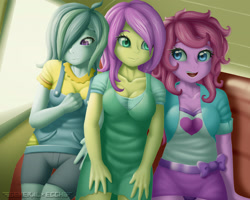 Size: 2517x2018 | Tagged: safe, artist:generalecchi, character:fluttershy, character:marble pie, character:pinkie pie, my little pony:equestria girls, breasts, busty fluttershy, clothing, dress, equestria girls-ified, high res, miniskirt, shirt, shorts, skirt