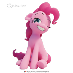 Size: 2048x2048 | Tagged: safe, artist:therealdjthed, character:pinkie pie, species:earth pony, species:pony, 3d, 3d model, blender, cycles, cycles render, female, floppy ears, grin, mare, model:djthed, one eye closed, patreon, patreon logo, simple background, sitting, smiling, solo, transparent background, wink