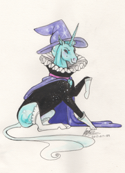 Size: 1892x2614 | Tagged: safe, artist:sagastuff94, character:trixie, species:classical unicorn, species:pony, species:unicorn, boots, cape, clothing, collar, dress, elegant, elizabethan, fancy, female, hat, hoers, leonine tail, majestic, mare, realistic, ruff (clothing), shoes, simple background, sitting, smiling, solo, traditional art, trixie's cape, trixie's hat, unshorn fetlocks
