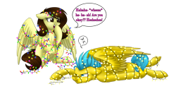 Size: 1280x659 | Tagged: safe, artist:whitehershey, oc, oc only, oc:white hershey, species:pegasus, species:pony, >:c, christmas, christmas lights, female, frown, holiday, laughing, male, mare, simple background, stallion, transparent background