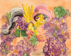 Size: 3375x2668 | Tagged: safe, artist:kelseyleah, character:daring do, species:pegasus, species:pony, boots, clothing, dress, female, flower, glare, grin, hat, high res, lidded eyes, mare, raised hoof, shoes, smiling, smirk, solo, spread wings, traditional art, tuberose, watercolor painting, wings