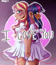 Size: 2975x3500 | Tagged: safe, artist:midoriya_shouto, character:sunset shimmer, character:twilight sparkle, species:human, ship:sunsetsparkle, my little pony:equestria girls, back to back, blue hair, blushing, breasts, clothing, crying, dark skin, digital art, dress, eyelashes, female, holding hands, humanized, lesbian, long hair, looking back, love, multicolored hair, pink hair, purple hair, red hair, shipping, yellow hair