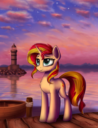 Size: 2000x2600 | Tagged: safe, artist:adagiostring, character:sunset shimmer, species:pony, species:unicorn, g4, boat, chest fluff, cloud, cloudy, female, lighthouse, mare, pier, scenery, smiling, solo, standing, sunset, three quarter view, water