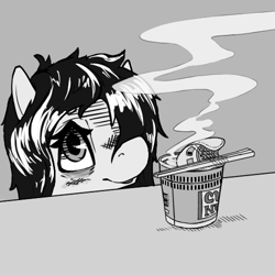 Size: 500x500 | Tagged: safe, artist:keeponhatin, oc, oc only, oc:floor bored, species:earth pony, species:pony, bags under eyes, chopsticks, female, food, gray background, grayscale, instant noodles, mare, monochrome, noodles, ramen, simple background, solo, steam