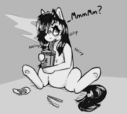 Size: 500x450 | Tagged: safe, artist:keeponhatin, oc, oc only, oc:floor bored, species:earth pony, species:pony, chopsticks, dialogue, eating, female, food, grayscale, hoof hold, instant noodles, mare, monochrome, noodles, onomatopoeia, ramen, sitting, solo, underhoof