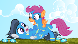 Size: 8000x4501 | Tagged: safe, artist:daringdashie, character:rumble, character:scootaloo, species:pegasus, species:pony, ship:rumbloo, absurd resolution, female, goggles, male, shipping, straight, tickling, wonderbolts uniform
