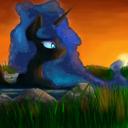 Size: 1000x1000 | Tagged: safe, artist:ruanshi, character:nightmare moon, character:princess luna, species:alicorn, species:pony, female, solo, sunset