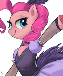 Size: 711x854 | Tagged: safe, artist:ehfa, character:pinkie pie, species:earth pony, species:pony, burlesque, clothing, costume, dress, female, lidded eyes, mare, saloon dress, saloon pinkie, showgirl, simple background, smiling, solo, white background