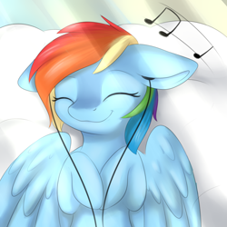 Size: 2000x2000 | Tagged: safe, artist:dbleki, character:rainbow dash, species:pegasus, species:pony, cloud, cute, dashabetes, earbuds, eyes closed, female, floppy ears, happy, listening, mare, music, music notes, on back, smiling, solo, sunshine, wings