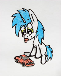 Size: 3456x4344 | Tagged: safe, artist:bumskuchen, oc, oc only, oc:shifting gear, species:pony, species:unicorn, bmw, colt, cute, foal, male, pacifier, solo, toy car, traditional art, vehicle, younger