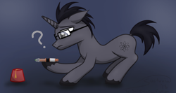 Size: 1500x800 | Tagged: safe, artist:soctavia, oc, oc only, oc:smart glasses, species:pony, species:unicorn, clothing, confused, doctor who, fez, glasses, hat, male, question mark, simple background, sonic screwdriver