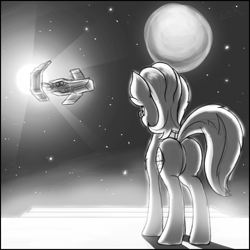 Size: 1500x1500 | Tagged: safe, artist:theomegaridley, oc, oc only, oc:enigma, species:earth pony, species:pony, eve online, glasses, looking away, male, moon, plot, solo, space, spaceship, stars, sun