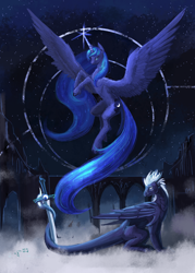 Size: 2500x3500 | Tagged: safe, artist:dalagar, character:princess luna, oc, species:alicorn, species:dragon, species:pony, g4, big wings, female, flying, high res, looking at you, majestic, mare, night, spread wings, stars, sword, weapon, wings