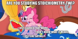 Size: 960x480 | Tagged: safe, artist:calicopikachu, character:pinkie pie, character:twilight sparkle, ship:twinkie, bed, blushing, book, eyes closed, female, frown, funny words, hug, hug from behind, image macro, lesbian, magic, open mouth, reading, shipping, sitting, smiling, stoichiometry, telekinesis