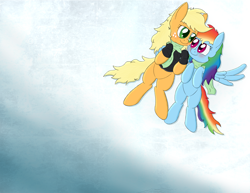Size: 3850x2975 | Tagged: safe, artist:zaponator, character:applejack, character:rainbow dash, ship:appledash, bottomless, clothing, duo, female, hoodie, lesbian, partial nudity, scarf, shipping, wallpaper