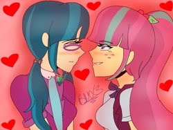 Size: 1024x768 | Tagged: safe, artist:brickercupmasterx3, character:juniper montage, character:sour sweet, my little pony:equestria girls, clothing, crack shipping, female, freckles, glasses, heart, junipersweet, lesbian, looking at each other, shipping, smiling