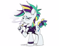 Size: 2048x1639 | Tagged: safe, artist:piemations, character:rarity, species:pony, alternate hairstyle, clothing, eyeshadow, female, hand, makeup, not salmon, punk, punkity, solo, suddenly hands, vape, vaping, wat