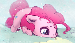 Size: 1735x992 | Tagged: safe, artist:sverre93, character:pinkie pie, species:earth pony, species:pony, g4, behaving like a dog, cookie, cute, diapinkes, female, food, mare, sky, sniffing, snow, solo, sverre is trying to murder us
