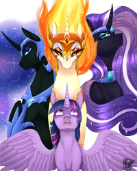 Size: 1600x2000 | Tagged: safe, artist:maria-fly, character:daybreaker, character:nightmare moon, character:nightmare rarity, character:princess celestia, character:princess luna, character:rarity, character:twilight sparkle, character:twilight sparkle (alicorn), species:alicorn, species:pony, species:unicorn, antagonist, female, helmet, mare, simple background, smiling, white background