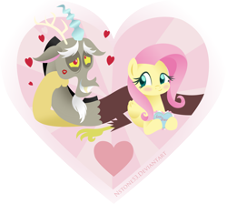 Size: 3385x3039 | Tagged: safe, artist:nstone53, character:discord, character:fluttershy, species:draconequus, species:pegasus, species:pony, ship:discoshy, cute, discute, facial hair, female, goatee, heart, holiday, lipstick, male, mare, prone, shipping, shyabetes, smiling, straight, valentine's day, valentine's day card