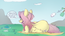 Size: 1600x903 | Tagged: safe, artist:sverre93, character:fluttershy, species:pegasus, species:pony, species:rabbit, :3, >:3, blushing, cute, female, mare, plot, prone, shyabetes, sneaky, solo, tortoise