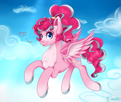 Size: 2365x2000 | Tagged: safe, artist:mailner, character:pinkie pie, species:pegasus, species:pony, g5 leak, leak, cloud, colored hooves, cute, female, flying, heart, looking at you, mare, pegasus pinkie pie, pinkie pie (g5), ponytail, race swap, redesign, sky, smiling, solo, tongue out