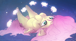 Size: 1600x866 | Tagged: safe, artist:sverre93, character:fluttershy, species:pegasus, species:pony, species:sheep, counting sheep, cute, female, hooves to the chest, looking at something, looking up, lying down, mare, on back, shyabetes, solo